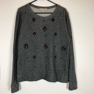 LOFT gray purple jeweled sweatshirt large